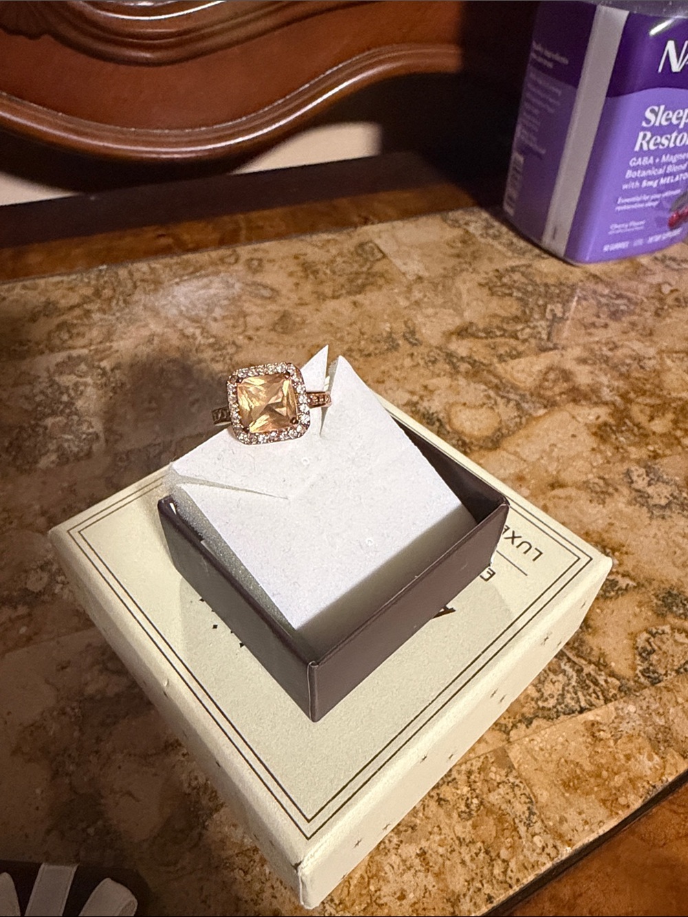Rose Gold-Tone Champagne Square Halo Ring - Women Jewelry